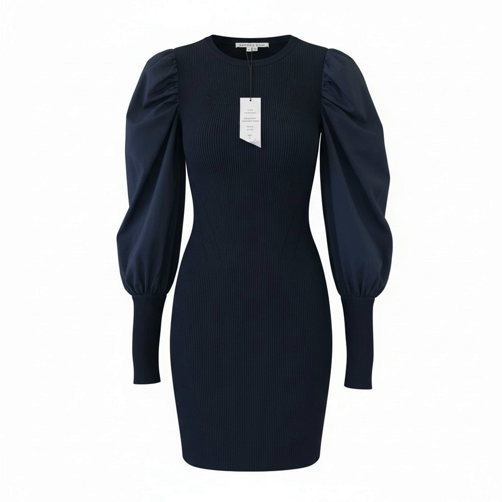 Veronica Beard Wilkin Knit Dress Black Puff Sleeve Mixed Media Mini M NEW - Picture 2 of 12